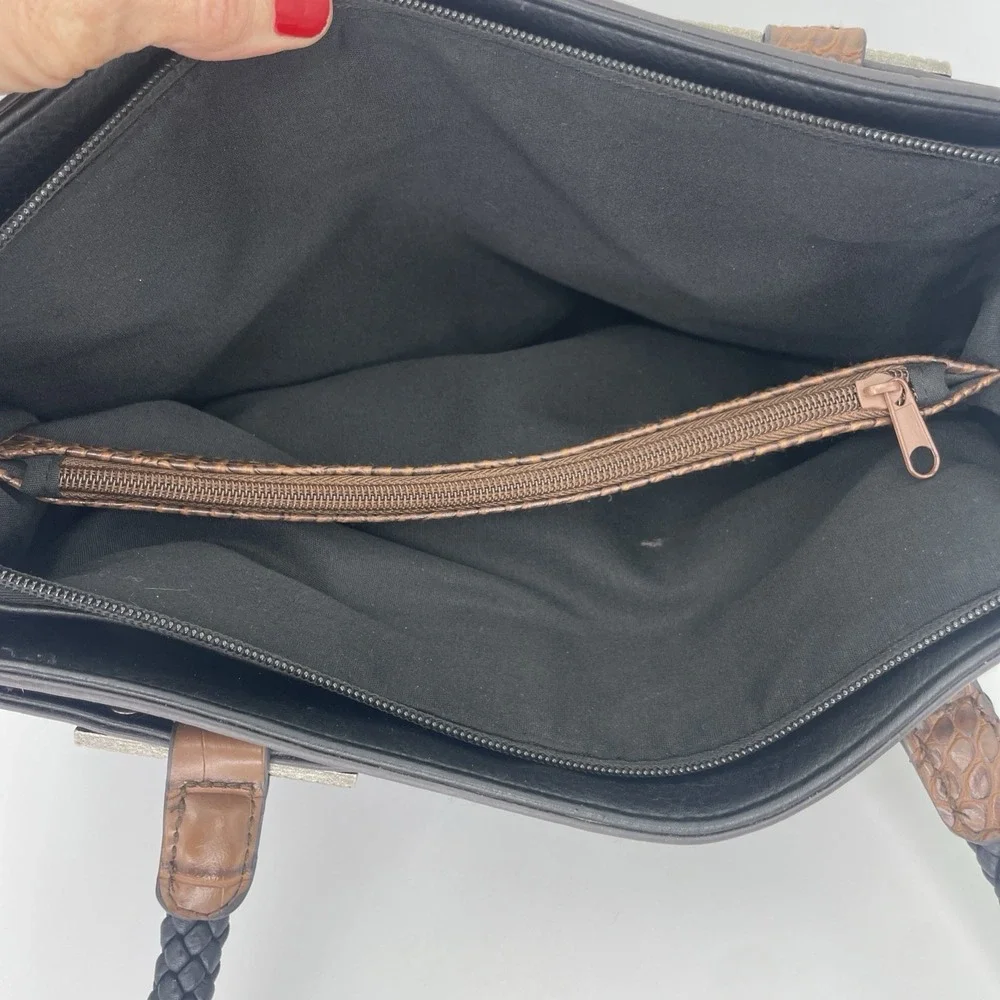 Bueno Black Croc Embossed Faux Leather Shoulder Bag Braid Handle Mixed Media